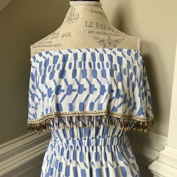 Skemo Beaded Maxi Dress Womens Small Blue White Sleeveless Tube Cover Up Ruffle - Picture 5 of 12